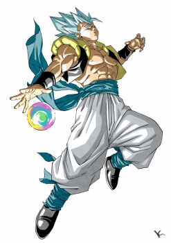 1boy abs black_vest blue_eyes blue_hair blue_sash cropped_vest dragon_ball dragon_ball_super dragon_ball_super_broly energy_ball full_body gogeta highres kakeru_(dbskakeru) male_focus medium_hair metamoran_vest muscular muscular_male nipples no_shirt open_clothes open_vest pants sash simple_background solo spiked_hair super_saiyan super_saiyan_blue vest white_background white_pants
