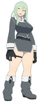 1girl accio boots breasts coat female_focus gloves gluttony_(deadly_sins) green_eyes green_hair highgain_(accho) large_breasts long_hair matching_hair/eyes open_mouth seven_deadly_sins sharp_teeth simple_background slit_pupils solo standing teeth thick_thighs thighs tongue white_background