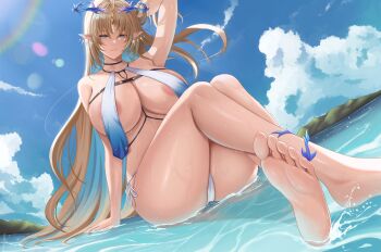 1girl absurdres areola_slip arm_support arm_up barefoot bikini bikini_bottom_only blonde_hair blue_eyes blue_hair breast_curtains breasts closed_mouth collarbone colored_inner_hair commentary crossed_ankles crown_of_thorns earrings english_commentary feet fie_nanoo fleurdelys_(wuthering_waves) floating_earrings highres horns huge_breasts jewelry long_hair looking_at_viewer multicolored_hair outdoors paid_reward_available pointy_ears side-tie_bikini_bottom sidelocks signature single_horn sitting soles solo swimsuit tacet_mark_(wuthering_waves) thighs toes variant_set very_long_hair wet white_bikini wuthering_waves yellow_horns