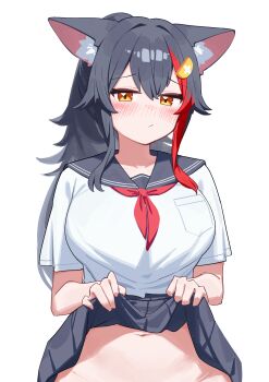 1girl :/ alternate_costume animal_ear_fluff animal_ears black_hair black_skirt blush clothes_lift deaver hair_between_eyes hair_ornament hairclip highres hololive long_hair looking_at_viewer multicolored_hair navel neckerchief no_panties nose_blush ookami_mio out-of-frame_censoring paid_reward_available pleated_skirt red_hair red_neckerchief sailor_collar school_uniform shirt short_sleeves sidelocks simple_background skirt skirt_lift solo spiked_hair straight-on streaked_hair virtual_youtuber white_background white_shirt wolf_ears wolf_girl yellow_eyes