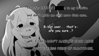 1girl 1other ahoge bow box cardboard_box commentary cum cum_in_container dress english_commentary english_text greyscale hair_bow highres holding holding_box k315h1 long_hair long_sleeves madobe_ichika microsoft_windows monochrome neckerchief open_mouth os-tan sailor_dress side_ponytail very_long_hair windows_11