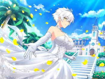 1girl armpits banister bare_shoulders bell_tower blue_sky blush body_blush bow breasts bride building bush center_frills choker church cleavage cloud coconut coconut_tree collarbone day door dress elbow_gloves european_architecture falling_petals floral_print floral_print_dress flower food frilled_gloves frills fruit gloves jewelry lace lace-trimmed_dress lace_trim large_breasts lens_flare light_particles light_rays looking_at_viewer miyabi_(senran_kagura) official_alternate_costume official_art outdoors palm_leaf palm_tree petals pink_flower plant print_dress reaching reaching_towards_viewer see-through_cleavage see-through_clothes see-through_dress senran_kagura senran_kagura_new_link senran_kagura_shinovi_versus shiny_skin short_hair sky slit_pupils smile solo sparkle spire stairs standing steeple sunbeam sunlight tiara tower tree waist_bow wedding wedding_dress white_bow white_choker white_dress white_gloves white_hair window yaegashi_nan yellow_eyes yellow_petals