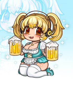 Rule 34 | 1girl, :3, apron, aqua background, aqua dress, beer mug, blonde hair, breasts, chibi, chibi only, cleavage, cup, dress, frilled apron, frills, gradient background, headphones, highres, holding, holding cup, jewelry, large breasts, light blush, looking at viewer, mug, multicolored hair, necklace, nitroplus, open mouth, orange hair, plushvampy, puffy short sleeves, puffy sleeves, short sleeves, sitting, skindentation, solo, sparkle, star (symbol), star necklace, super pochaco, thick thighs, thighhighs, thighs, twintials, wariza, white apron, white background, white sleeves, white thighhighs, zoom layer