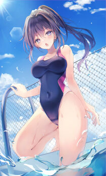 1girl absurdres black_hair black_one-piece_swimsuit blue_sky breasts chain-link_fence cloud commentary_request commission competition_swimsuit covered_navel day feet_out_of_frame fence hamonika_monika highleg highleg_one-piece_swimsuit highres long_hair medium_breasts one-piece_swimsuit original outdoors ponytail pool_ladder purple_eyes skeb_commission sky solo swimsuit two-tone_one-piece_swimsuit water