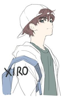 1boy artist_name backpack backwards_hat bag baseball_cap black_eyes brown_hair commentary_request expressionless green_shirt hat hood hood_down hoodie korean_commentary lee_gilyoung looking_at_viewer male_focus omniscient_reader&#039;s_viewpoint shirt short_hair solo upper_body white_hoodie xiro