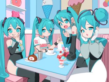 4girls aqua_eyes aqua_hair aqua_nails aqua_necktie black_boots boots breasts cafe cake coffee commentary cropped_shirt detached_sleeves english_commentary food hair_bun hatsune_miku highres leotard long_hair looking_at_viewer monster_l_(hochihochiha) multiple_girls necktie open_mouth shirt shoulder_tattoo sitting tattoo thigh_boots underboob v vocaloid white_shirt