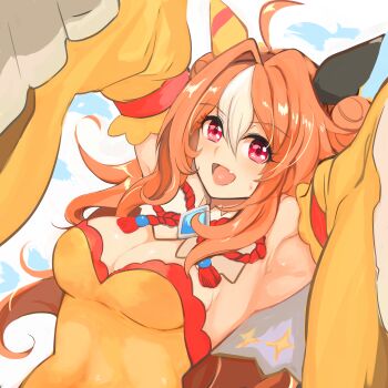 1girl absurdres ahoge animal_ears armpits arms_up blush breasts brown_hair cleavage commentary_request copano_rickey_(umamusume) copano_rickey_(yin-yang_bagua_lucky_costume)_(umamusume) detached_sleeves double_bun dress ear_covers fang hair_between_eyes hair_bun highres horse_ears horse_girl large_breasts long_hair looking_at_viewer multicolored_hair open_mouth purple_eyes shimura_(hosshi) skin_fang smile solo streaked_hair umamusume upper_body white_hair yellow_dress yellow_sleeves