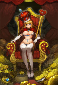 1girl blonde_hair blue_eyes breasts bridal_gauntlets cape cleavage coin crown dagger female_focus full_body gem gold gold_bar groin gurimjang highres jewelry knife large_breasts long_hair looking_at_viewer lots_of_jewelry original outline platform_shoes plump queen ring scepter shoes sitting smile solo thighhighs throne underwear underwear_only weapon white_thighhighs wide_hips