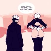 1boy 1girl 2b_(nier:automata) 9s_(nier:automata) animated ass back_cutout boots cdlum clothing_cutout english_text hairband hands_on_own_hips huge_ass juliet_sleeves leotard long_sleeves lowres nier:automata nier_(series) puffy_sleeves red_background short_hair sound thigh_boots thighhighs thighs video white_hair