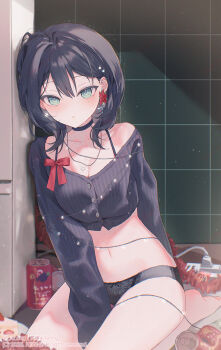 1girl bare_shoulders between_legs black_choker black_hair black_panties black_shirt blush bow bow_panties breasts cake cake_slice can choker christmas cleavage closed_mouth collarbone commentary_request food green_eyes hair_between_eyes hair_ornament hand_between_legs highres long_sleeves looking_at_viewer navel no_pants off_shoulder original panties puffy_long_sleeves puffy_sleeves shirt silltare solo star_(symbol) star_hair_ornament strawberry_shortcake underwear watermark web_address