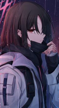 1girl absurdres bandaged_neck bandaged_wrist bandages barbell_piercing black_mask blue_archive brown_hair closed_mouth commentary ear_piercing from_side halo highres hood hoodie industrial_piercing jacket light_particles long_sleeves looking_at_viewer looking_to_the_side mask mask_pull misaki_(blue_archive) mouth_mask piercing rain red_eyes red_halo short_hair sideways_glance solo surgical_mask to_kinji white_jacket