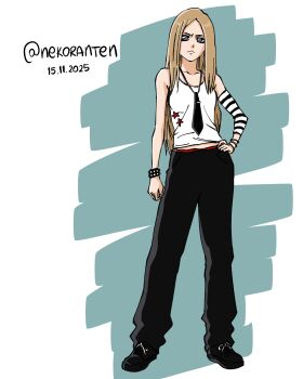 1girl absurdres arm_warmers avril_lavigne black_pants black_shoes blonde_hair blue_eyes bracelet breasts camisole commentary dated english_commentary frown full_body hand_on_own_hip highres jewelry long_hair loose_necktie necktie nekoranten pants real_life shoes signature single_arm_warmer small_breasts solo star_(symbol) twitter_username white_camisole