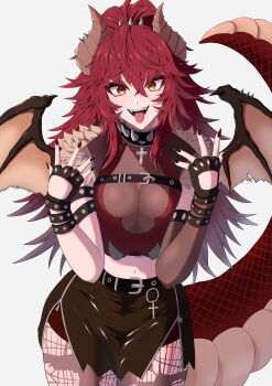 1girl absurdres belt bracelet breasts choker cleavage collar crop_top cross dragon_girl dragon_horns dragon_tail dragon_wings fangs fingerless_gloves fingernails fur_collar gloves highres horns jewelry large_breasts long_fingernails long_hair meibin navel pantyhose ponytail red_hair skirt spiked_collar spikes tail tongue tongue_out torn_clothes torn_pantyhose virtual_youtuber vshojo wings yellow_eyes zentreya zentreya_(dragon) zentreya_(dragon)_(1st_costume)