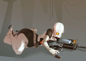 1girl belt belt_pouch black_bodysuit bodysuit boots combine_assassin commentary elbow_gloves english_commentary full_body gloves gun half-life half-life_(series) half-life_2 helmet justrube load_bearing_vest looking_at_viewer lying on_stomach one-eyed pouch revolver_speedloader rifle science_fiction scope skin_tight sniper sniper_rifle solo thick_thighs thigh_boots thighhighs thighs weapon white_belt white_boots white_gloves wide_hips