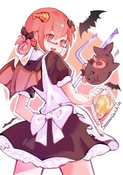 1girl :o absurdres apron back_bow bat_hair_ornament black_dress bow bread brown_wings character_name circle cowboy_shot cross cross_earrings demon_horns demon_wings dress earrings fang food from_behind gabriel_dropout glasses hair_ornament hair_rings highres holding holding_food holding_polearm horns inverted_cross jewelry legs_apart looking_at_viewer low-tied_hair_ring maid melon_bread polearm puffy_short_sleeves puffy_sleeves red_background red_eyes red_hair satanichia_kurumizawa_mcdowell semi-rimless_eyewear short_dress short_sleeves simple_bat skin_fang solo trident turning_head two-tone_background under-rim_eyewear weapon white_apron white_background white_bow wings yangwu_uriel