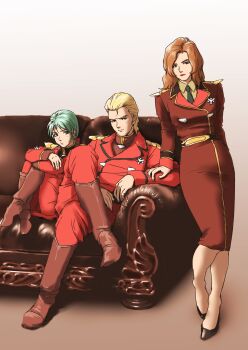 1boy 2girls absurdres blonde_hair blue_eyes blue_hair char&#039;s_counterattack char_aznable closed_mouth couch gundam highres lipstick long_hair looking_at_viewer makeup military_uniform multiple_girls nanai_miguel necktie quess_paraya sitting skirt smile standing teikoku_jokyoku twintails white_background