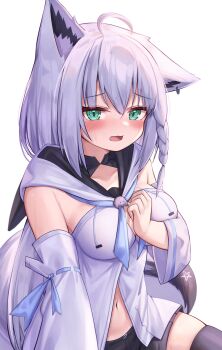 1girl absurdres ahoge animal_ears bad_id bad_twitter_id black_thighhighs braid breasts deaver detached_sleeves fox_ears fox_girl fox_tail green_eyes highres hololive looking_at_viewer medium_breasts navel shirakami_fubuki shirakami_fubuki_(1st_costume) simple_background single_braid solo tail thighhighs thighs virtual_youtuber white_background white_hair
