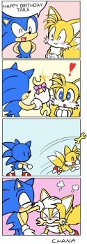 2boys 4koma absurdres birthday birthday_present blue_fur blush chana_(furrytails) child comic dog fox gift gloves gold headpat hedgehog highres multiple_boys multiple_tails sega shoes smile socks sonic_(series) sonic_the_hedgehog spiked_hair tail tails_(sonic) two_tails wrench yellow_fur