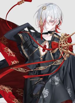 1boy blue_eyes chest_jewel earrings eyeshadow eyeshadow_under_eye fate/grand_order fate_(series) gradient_hair hair_ornament hair_over_one_eye highres indian_clothes jewelry karna_(fate) karna_(celebratory_attire)_(fate) makeup male_focus medium_hair multicolored_hair multiple_earrings pale_skin red_eyeshadow red_hair snacks00 solo