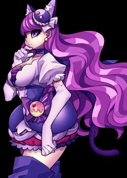 10s 1girl animal_ears black_background bow cat_ears cat_tail choker closed_mouth cowboy_shot cure_macaron dress earrings elbow_gloves extra_ears female_focus food-themed_hair_ornament gloves hair_ornament jewelry kirakira_precure_a_la_mode kotozume_yukari layered_dress long_hair looking_at_viewer macaron_hair_ornament magical_girl precure purple_bow purple_dress purple_eyes purple_hair purple_neckwear purple_theme purple_thighhighs senmu_(0107) simple_background smile solo standing tail thighhighs white_gloves zettai_ryouiki