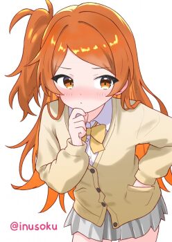 1girl averting_eyes blush bow bowtie cardigan commentary_request grey_skirt hand_in_pocket highres idolmaster idolmaster_million_live! inusoku long_hair nose_blush ogami_tamaki one_side_up orange_hair parted_bangs pleated_skirt school_uniform shirt simple_background skirt solo swept_bangs twitter_username very_long_hair white_background white_shirt yellow_bow yellow_bowtie yellow_cardigan