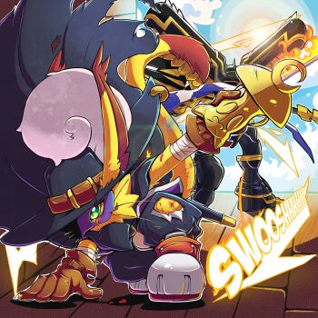 Rule 34 | absurdres, alphamon, alphamon ouryuuken, armor, battle damage, black armor, black cape, black hat, black pants, boots, brown gloves, cape, cat, digimon, digimon (creature), eye mask, fire, flaming sword, flaming weapon, gloves, green eyes, hat, highres, holding, holding sword, holding weapon, knight, mask, nyabootmon, pants, purple mask, sword, weapon, youwantstars