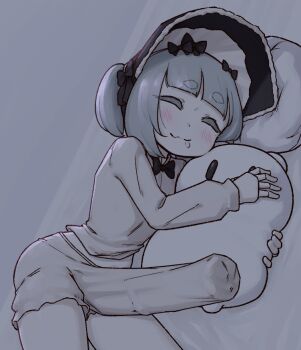 1girl animal_penis black_bow black_bowtie blush bow bowtie bulge closed_eyes closed_mouth colored_skin commission covered_penis doll_joints erection erection_under_clothes futanari grey_hair head_on_pillow horse_penis huge_penis joints liveactors loli long_sleeves lying on_side original penis pillow pixiv_commission rori_poster&#039;s_oc shirt shorts sleeping smile solo thick_eyebrows white_shirt white_shorts white_skin