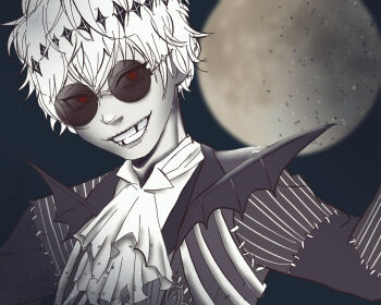 1boy black_crown commentary_request crown diamond_hairband formal_clothes gloves highres jacket looking_at_viewer male_focus missing_tooth pinstripe_jacket pinstripe_pattern pinstripe_suit pinstripe_vest round_eyewear runa00dtwl short_hair skeleton_print skully_j._graves smile striped_clothes striped_vest suit sunglasses the_nightmare_before_christmas twisted_wonderland vertical-striped_clothes vertical-striped_vest vest white_hair