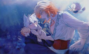 Rule 34 | 2boys, antenna hair, black choker, black shirt, blonde hair, blue eyes, blush, braid, brulee lumi, chest tattoo, choker, commentary, english commentary, facial tattoo, frilled shirt, frills, gradient hair, highres, holding another's wrist, honkai: star rail, honkai (series), male focus, medium hair, multicolored hair, multiple boys, mydei (honkai: star rail), parted bangs, phainon (honkai: star rail), red hair, red tattoo, shirt, short hair, side braid, tattoo, white hair, white shirt, yaoi, yellow eyes