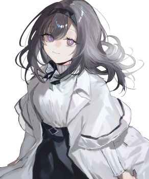 Rule 34 | 1girl, absurdres, arknights, arms at sides, black bow, black bowtie, black hairband, black skirt, bow, bowtie, breasts, brown hair, coat, commentary, cowboy shot, diamond-shaped pupils, diamond (shape), fumi (rdbm), hairband, highres, looking at viewer, medium breasts, medium hair, open clothes, open coat, priestess (arknights), purple eyes, shirt, simple background, skirt, smile, solo, symbol-shaped pupils, unfinished, white background, white coat, white shirt