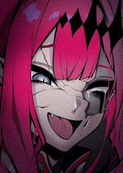 1girl absurdres baobhan_sith_(fate) baobhan_sith_(first_ascension)_(fate) baobhan_sith_(third_ascension)_(fate) cracked_kawaii_mask facial_mark fang fate/grand_order fate_(series) grey_eyes hair_ornament highres looking_at_viewer open_mouth owner1657 pink_hair pointy_ears portrait sidelocks smile tears
