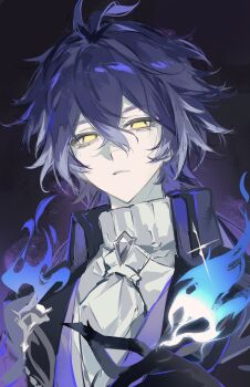 1boy absurdres antenna_hair black_coat black_gloves blue_fire blue_hair coat crossed_bangs fire flins_(genshin_impact) genshin_impact gloves gradient_background gradient_hair hair_between_eyes high_collar highres long_hair looking_at_viewer male_focus multicolored_hair necktie no_pupils shirt solo upper_body white_necktie white_shirt xiannu168 yellow_eyes