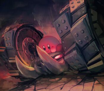 1boy 2025 battle_chariot_star blue_eyes blush_stickers cave chariot closed_mouth colored_skin commentary dutch_angle full_body glowing glowing_eyes highres kirby kirby_(series) kirby_air_ride kirby_air_riders male_focus motor_vehicle nintendo pink_skin riding smile solo suyasuyabi427 wheel