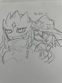 Rule 34 | absurdres, beelstarmon, belt, breasts, cowboy hat, digimon, digimon (creature), hat, highres, long hair, magnakidmon, mask, sketch, third eye, traditional media, underboob