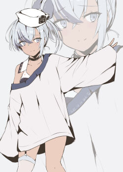 1girl artist_name black_one-piece_swimsuit commentary_request cowboy_shot dace_(kancolle) dated dixie_cup_hat garter_straps grey_eyes grey_hair hat headgear highres kantai_collection looking_at_viewer military_hat multiple_views one-piece_swimsuit shirt side_ponytail simple_background single_garter_strap single_thighhigh sleeves_past_fingers sleeves_past_wrists solo swimsuit swimsuit_under_clothes taira_yuuki thighhighs two-tone_one-piece_swimsuit white_background white_hat white_shirt white_thighhighs zoom_layer