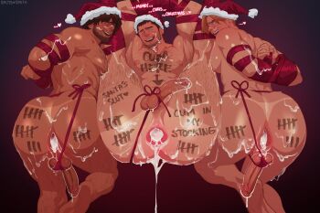 3boys after_anal aftersex arms_behind_back ass bara black_hair body_markings bound bound_arms brown_hair carlos_oliveira chris_redfield closed_mouth cum cum_in_ass english_text erection facial_hair hat highres large_pectorals legs_up leon_s._kennedy looking_at_another male_focus multiple_boys muscular muscular_male nipples open_mouth pectorals penis resident_evil restrained santa_hat short_hair smile smutssmith tally thick_thighs thighs yaoi