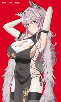 1girl absurdres animal_ears arms_behind_head arms_up artist_name black_dress black_thighhighs blush breasts brown_eyes cat_ears china_dress chinese_clothes cleavage cowboy_shot cross-laced_clothes cross-laced_dress dress feather_boa girls&#039;_frontline girls&#039;_frontline_neural_cloud highres io_troublemaker large_breasts official_alternate_costume panties persicaria_(neural_cloud) pink_hair red_background side-tie_panties smile solo string_panties thighhighs underwear