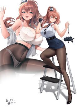 Rule 34 | 1girl, absurdres, aqua eyes, black gloves, black pantyhose, blue skirt, bra, breasts, brown hair, commentary request, commission, cosplay, fingerless gloves, gloves, hair between eyes, high side ponytail, highres, hornet (kancolle), hornet (kancolle) (cosplay), jewelry, kantai collection, large breasts, long hair, miniskirt, odachu, panties, panties under pantyhose, pantyhose, pencil skirt, pixiv commission, ponytail, ring, saratoga (kancolle), shirt, side ponytail, sidelocks, single glove, skirt, sleeveless, sleeveless shirt, smile, smokestack hair ornament, thighband pantyhose, underwear, wedding ring, white bra, white panties, white shirt