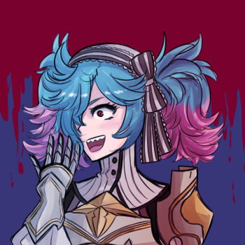 1girl blue_hair commentary cryopon english_commentary fire_emblem fire_emblem_fates gradient_hair hair_over_one_eye highres multicolored_hair nintendo open_mouth peri_(fire_emblem) pink_hair red_eyes sharp_teeth smile solo teeth twintails two-tone_hair