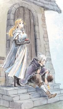 1boy 1girl apple bitten_apple black_boots blonde_hair boots brown_shoes cape cloak commentary_request door food food_bite fruit highres holding holding_food holding_fruit long_hair octopath_traveler octopath_traveler_i ophilia_clement outdoors purple_cloak qqqqqli robe shoes stairs therion_(octopath_traveler) white_cape white_hair white_robe
