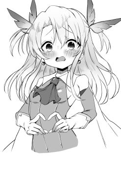 1girl bare_shoulders breasts commentary_request fate/kaleid_liner_prisma_illya fate_(series) feather_hair_ornament feathers hair_ornament heart heart_hands highres illya_(princess_connect!) illyasviel_von_einzbern layered_gloves loli long_hair looking_at_viewer prisma_illya small_breasts solo user_kdhu8377