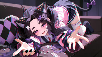 1girl :d absurdres animal_ear_fluff animal_ears argyle_pillow bandaid bandaid_on_cheek bandaid_on_face black_bow black_hair black_nails black_skirt blister_pack blurry blurry_background blush bow cardigan cat_ears cat_girl cat_tail character_request chromatic_aberration claws collared_shirt commentary commission couch diagonal-striped_clothes diagonal-striped_necktie eyelashes footwear_bow forehead frilled_pillow frilled_skirt frills full_body gradient_hair hair_bow hair_ornament hair_spread_out heart heart-shaped_pillow heart-shaped_pupils heart_hair_ornament highres indie_virtual_youtuber indoors iyusei_02 long_hair long_sleeves lovestruck miniskirt multicolored_hair necktie on_couch open_cardigan open_clothes open_mouth outstretched_arms outstretched_hand parted_bangs paw_shoes pill pillow pink_cardigan pleated_skirt purple_bow purple_eyes purple_hair red_necktie shirt sidelocks skindentation skirt sleeve_bow smile striped_clothes symbol-shaped_pupils tail tail_bow tail_ornament thick_eyebrows thighhighs top-down_bottom-up two_side_up virtual_youtuber white_shirt white_thighhighs zettai_ryouiki