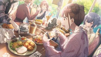 blue_hair brown_hair cat cellphone chair cup double_bun food fork game_cg hair_bun holding idolmaster idolmaster_shiny_colors idolmaster_shiny_colors_song_for_prism komiya_kaho morino_rinze official_art open_mouth paw_print phone plate profile red_eyes smartphone sonoda_chiyoko sparkling_eyes spoon table taking_picture teacup tree turtleneck