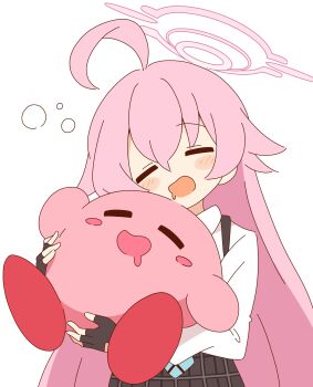 1girl =_= absurdres ahoge black_gloves black_skirt blue_archive blush closed_eyes collared_shirt commentary_request crossover drooling fingerless_gloves gloves hair_between_eyes halo highres holding hoshino_(blue_archive) kirby kirby_(series) long_hair long_sleeves mouth_drool nintendo open_mouth pink_hair plaid_clothes plaid_skirt shirt simple_background skirt suspender_skirt suspenders very_long_hair white_background white_shirt zungurimukkuri_tarou