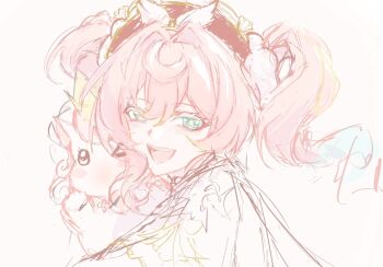 1girl animal_ears blush commentary english_commentary eyelashes green_eyes hair_between_eyes hashtag-only_commentary hat honkai:_star_rail honkai_(series) horns hyacine_(honkai:_star_rail) little_ica_(honkai:_star_rail) looking_at_viewer multicolored_hair one_eye_closed open_mouth red_hat tbbtm1312 twintails white_background yellow_horns