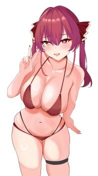 1girl bikini breasts cleavage hair_ribbon heterochromia highres hololive houshou_marine large_breasts long_hair nail_polish navel red_bikini red_eyes red_hair red_nails red_ribbon ribbon ring_light_reflection sasaki_ikuya smile solo swimsuit thigh_strap twintails v virtual_youtuber yellow_eyes