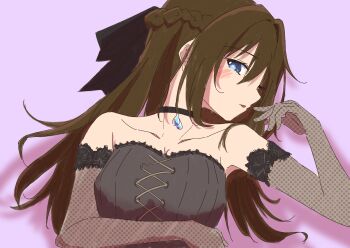 Rule 34 | 1girl, absurdres, bare shoulders, black bow, black choker, blue eyes, blush, bow, braid, brown hair, choker, collarbone, commentary request, elbow gloves, fishnet gloves, fishnets, gloves, hair bow, half up braid, highres, long hair, looking at viewer, love live!, love live! nijigasaki high school idol club, misoshiru. (hss llnl), osaka shizuku, sidelocks, solo, strapless, zozotown