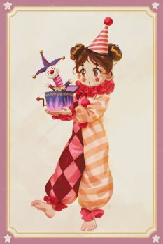 1girl alkemanubis argyle argyle_clothes barefoot blush brown_background brown_eyes brown_hair clown double_bun facepaint facial_mark hair_bun hat highres holding jack-in-the-box onesie open_mouth orange_onesie original pink_hat pink_onesie pom_pom_(clothes) standing standing_on_one_leg star_(symbol) star_facial_mark star_on_cheek striped_clothes striped_headwear