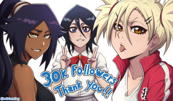 3girls artist_name black_hair bleach blonde_hair breasts brown_eyes collarbone dark-skinned_female dark_skin english_text freckles hair_ornament hairclip jacket karakura_high_school_uniform kuchiki_rukia long_hair medium_hair mistowing multiple_girls parted_bangs peace_symbol ponytail purple_hair sarugaki_hiyori school_uniform shihouin_yoruichi simple_background small_breasts tongue tongue_out twitter_username upper_body white_background yellow_eyes