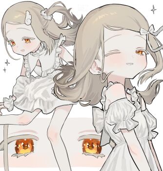 1girl bare_shoulders blush commentary_request dress gakuen_idolmaster grey_hair highres idolmaster kakuzatou_(sugar_xouox) long_hair looking_at_viewer multiple_views one_eye_closed one_side_up orange_eyes shinosawa_hiro smile white_dress